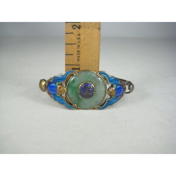 Antique Enamel Cloisonné Jade Bracelet Chinese Export Silver Enamel Bats Symbols - Picture 2 of 14